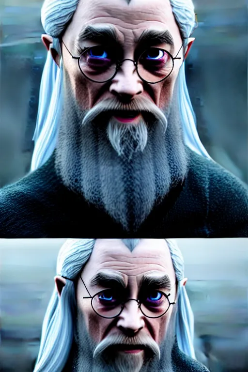 Image similar to daniel radcliffe is gandalf, concept art by senior character artist, cgsociety, photorealism, rendered in unreal engine, official art, cold hue's