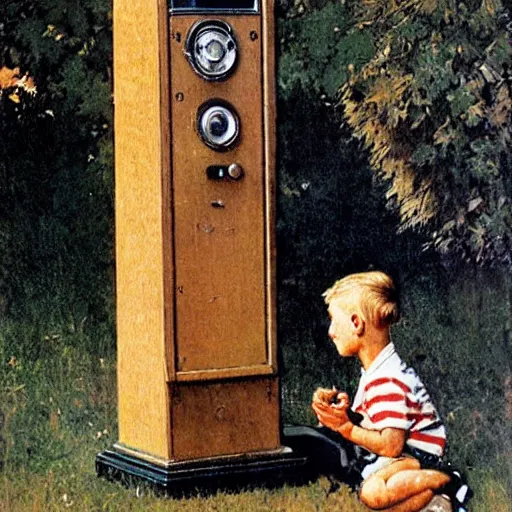 Prompt: A kid talking in a very tall telephone, art by Norman Rockwell