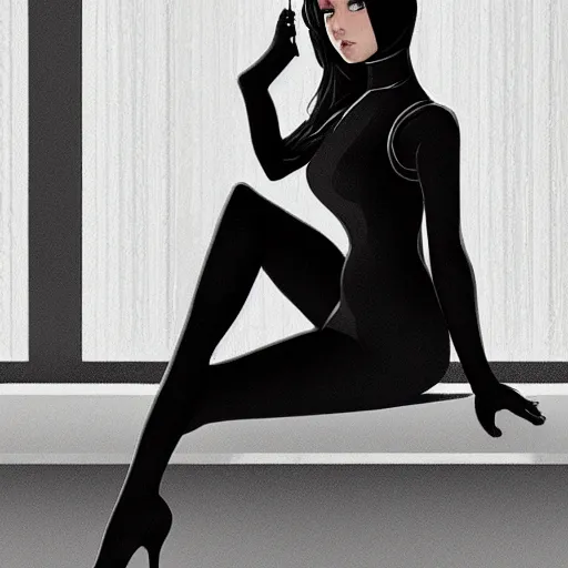 Prompt: young female spy in a black leotard waiting in the rain,artstation