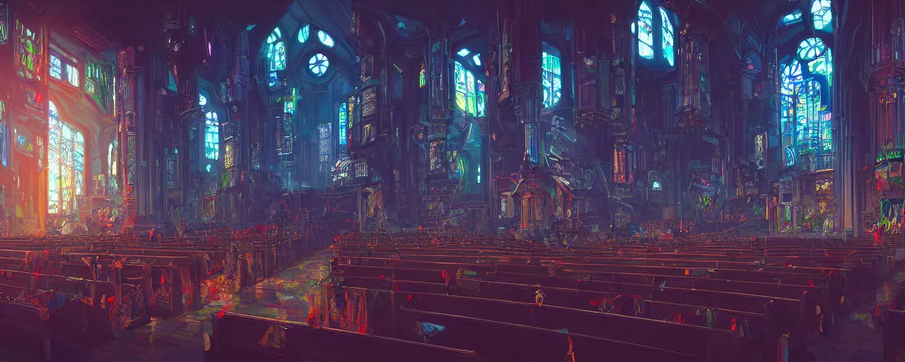 Image similar to A cyberpunk church, by Naomi Okubo, landscape, dramatic lighting, high contrast colors, panoramic view, as trending on Artstation, highly detailed,