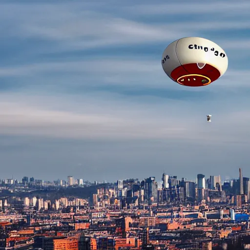 Prompt: blimp. over a city with a picture of a cow