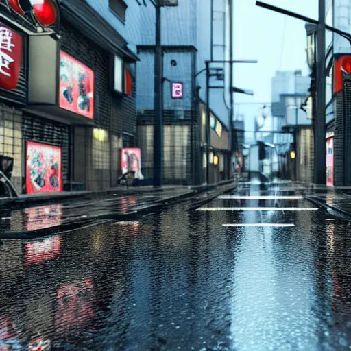 Image similar to still photo of rain puddles and reflections in a japanese street, cloudy weather, highly detailed, photorealistic shot, bright studio setting, studio lighting, crisp quality and light reflections, unreal engine 5 quality render