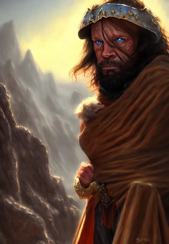 Prompt: a solitary randy savage wearing a heavy shiny cloak with an anchor slung over his shoulder alone in a rocky desolate wasteland | portrait | hd 4 k | fantasy impressionist oil painting | middle earth | pathfinder | artstation | conan | darksun | d & d dungeons and dragons | barbarian