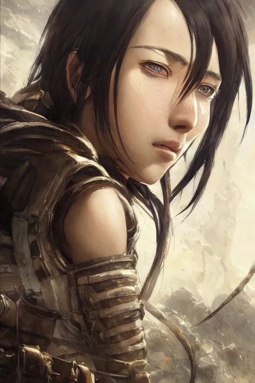 Prompt: highly detailed portrait of mikasa ackerman from attack on titan, fantasy art by greg rutkowski amano yoshitaka, detailed and intricate environment