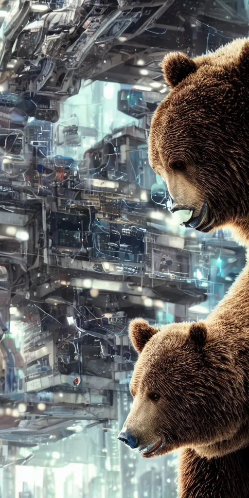 Image similar to a cyborg grizzly bear dj mixing records on stage, photorealistic, highly detailed, illustration, lifelike, highly detailed, intricate, octane render, sharp focus, cyberpunk