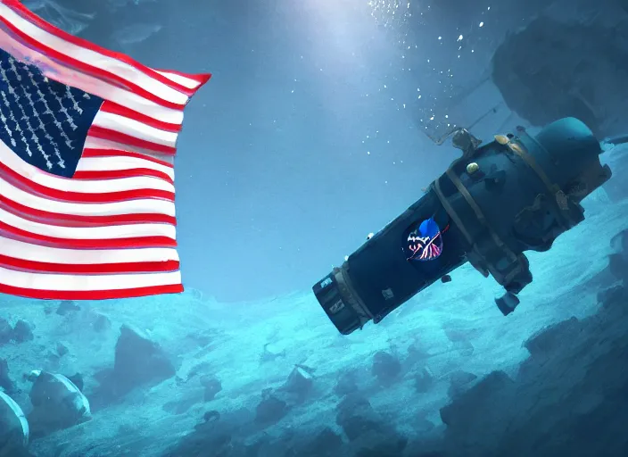 Prompt: astronaut underwater putting a flag on the bottom of the ocean. in the background, a submarine is visible. dark, cinematic, dramatic, digital art, blender, photorealistic, octane render, 8 k, volumetric lighting, trending on artstation