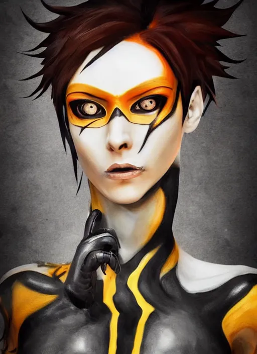 Image similar to dark full body painting of tracer from overwatch, in style of hieronymus bosch, scary, horror, 4 k, feminine facial features, overwatch tracer character, horror, body horror, disturbing, detailed face, dressed in dark garment, black tendrils, tall,