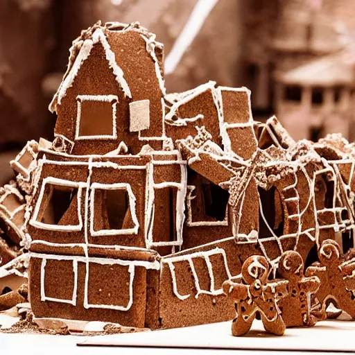 Prompt: dilapidated ruined city made of gingerbread, wreckage of a gingerbread cityscape, dramatic, award - winning photography