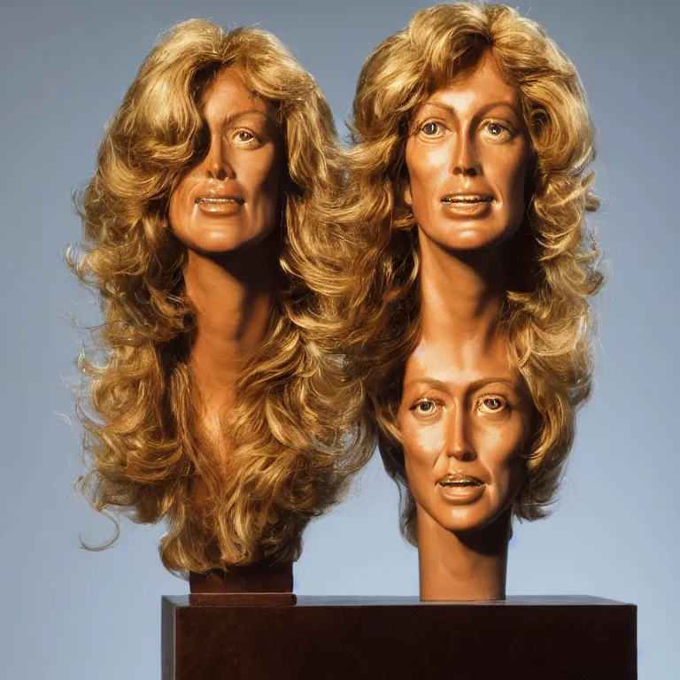 Image similar to studio photograph of colorful postmodern portrait sculpture of farrah fawcett on charlie's angels, beautiful symmetrical!! face accurate face detailed face realistic proportions, made of ink - stained beeswax on a pedestal by ron mueck and matthew barney and greg rutkowski, hyperrealism cinematic lighting shocking detail 8 k