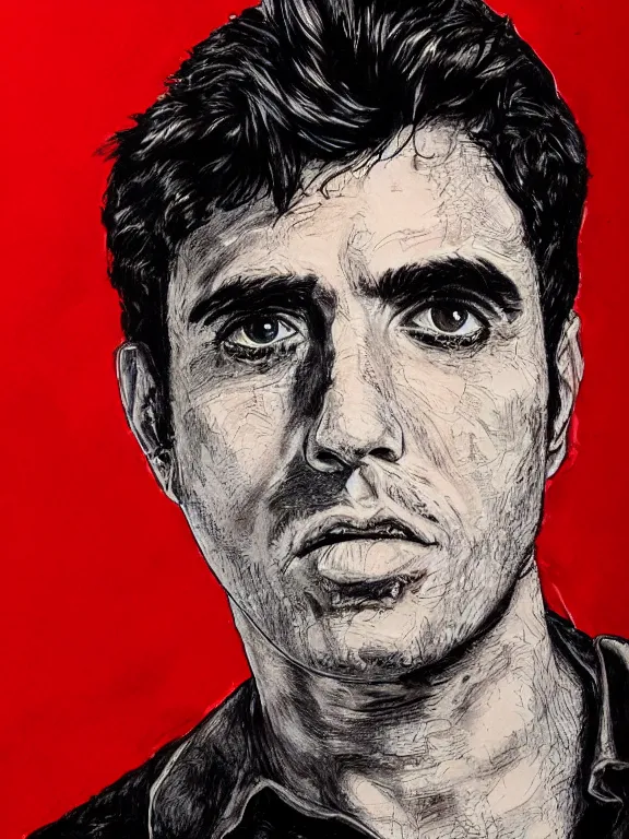 Image similar to headshot portrait. tony montana from movie scarface. perfect face, fine details., 4 k, red and black ink paint