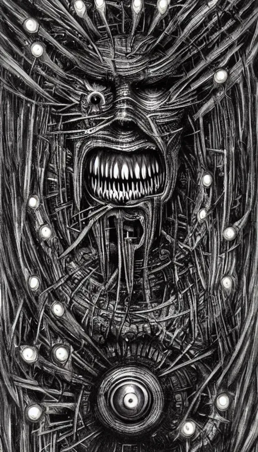 Prompt: a storm vortex made of many demonic eyes and teeth, by hr giger