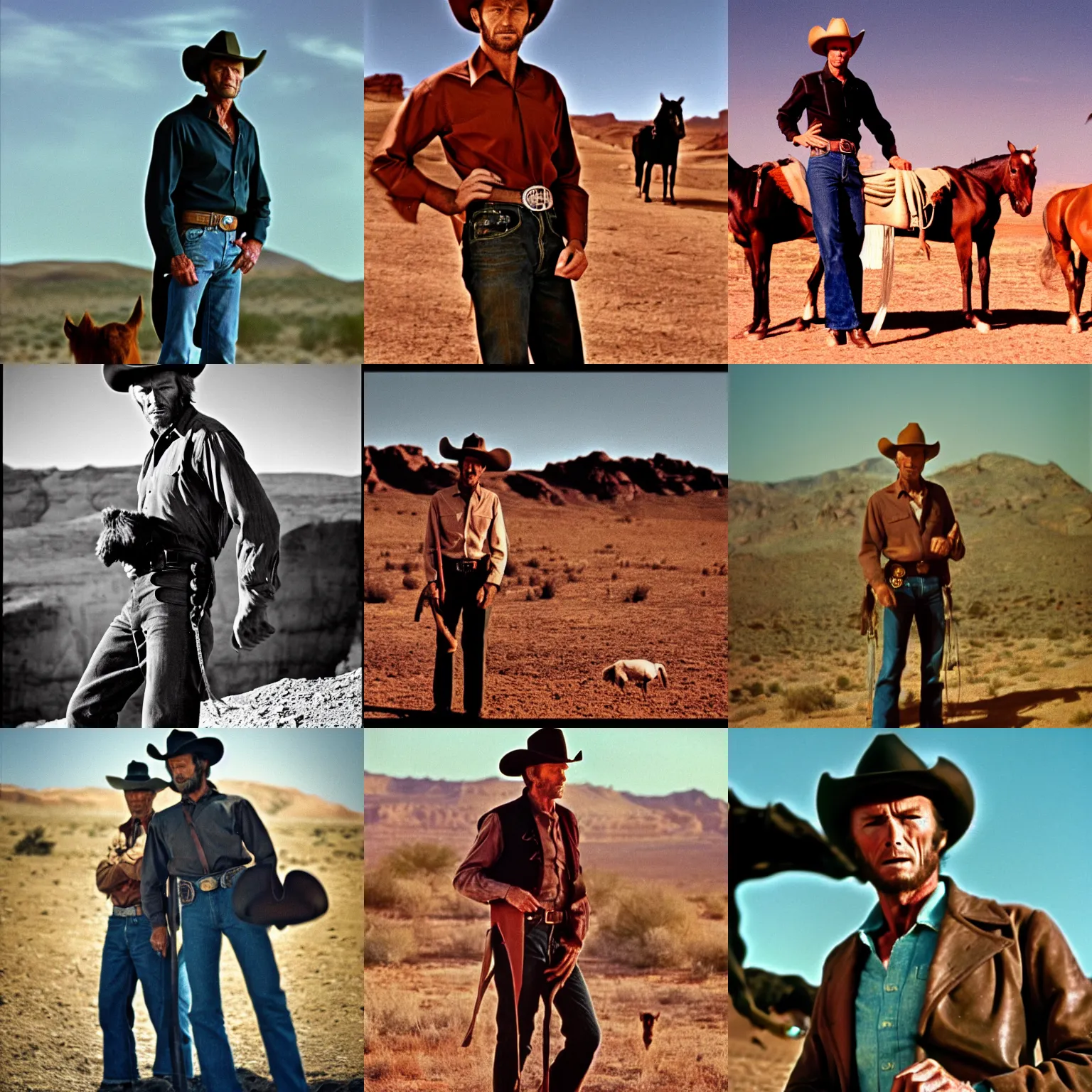 Prompt: deep focus shot in color from 1 9 6 9 of clint eastwood as a cowboy, standing with hands on colts. desert in the background. cinematic, 5 0 mm lens