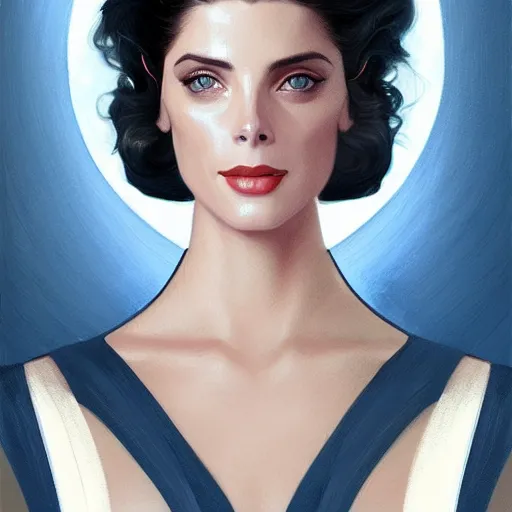 Image similar to Ashley Greene's face combined with Grace Kelly's face with short dark blue hair in elegant knight's armor, western, D&D, fantasy, intricate, elegant, highly detailed, digital painting, artstation, concept art, matte, sharp focus, illustration, art by Artgerm and Greg Rutkowski and Alphonse Mucha