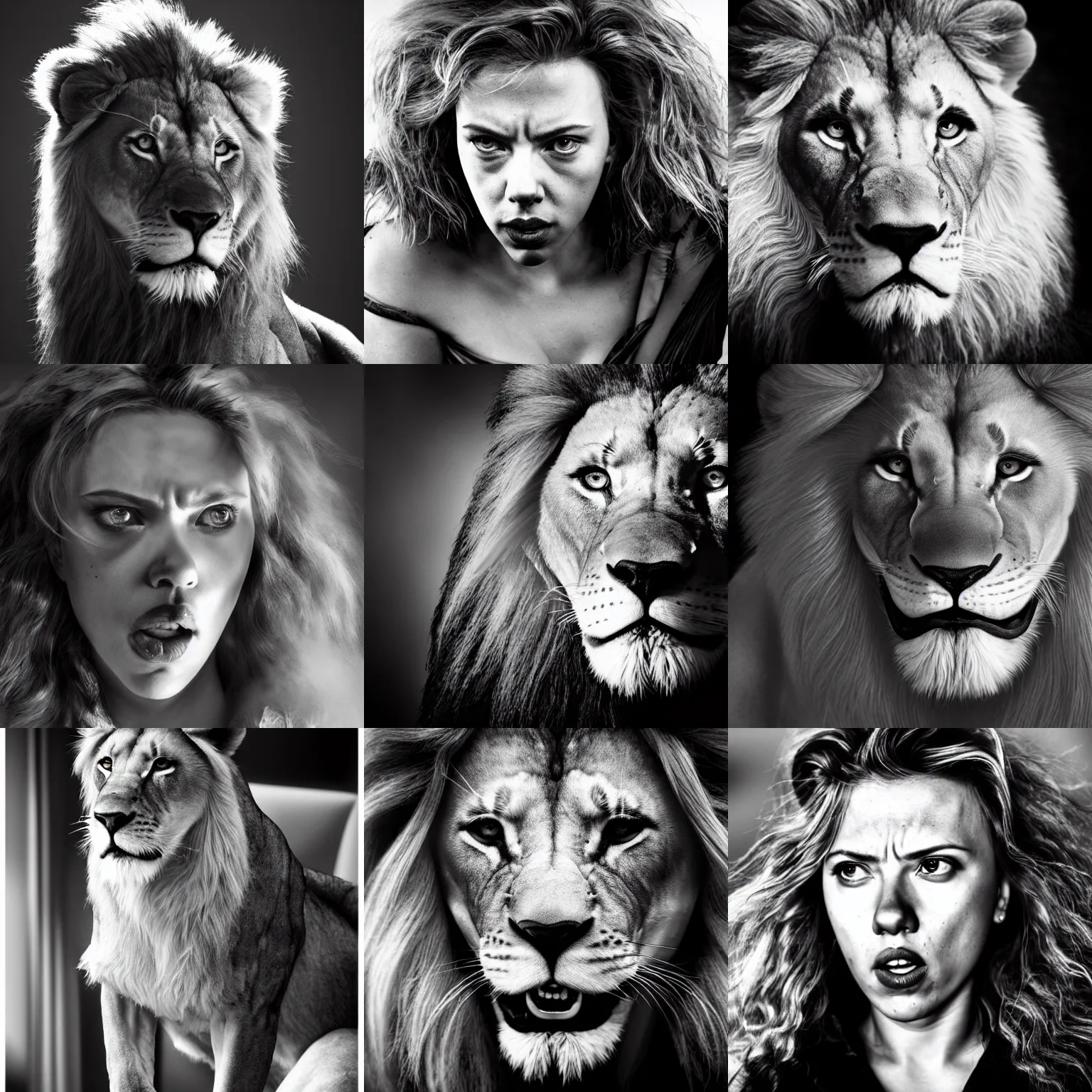 Prompt: angry scarlett johansson as a lion hybrid, dramatic lighting hyper detail, black and white, wide angle lens