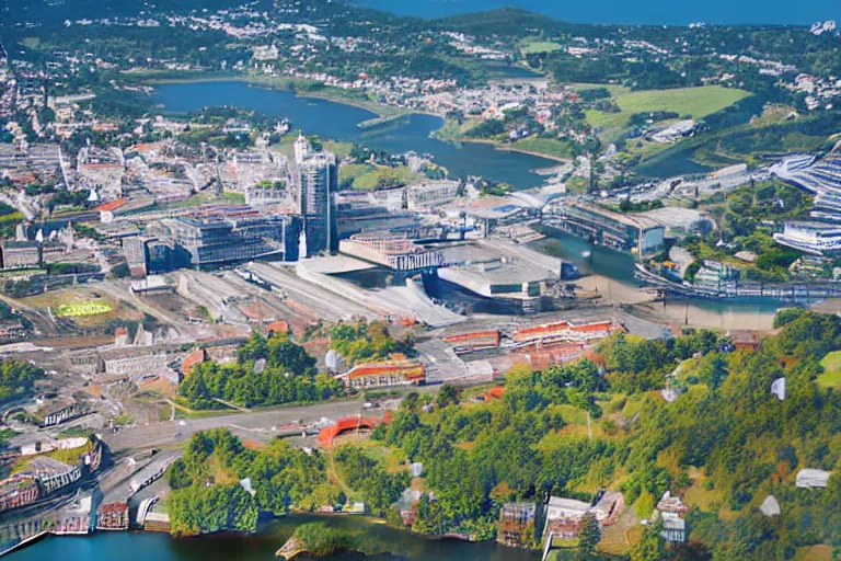 Image similar to bird's eye view photography of a small city. town hall, central farm, monorail station, beach and shipping dock. hills, woods and lake to the north.