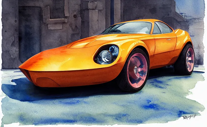 Prompt: sport car, colorful watercolor. by rembrant, battle angel alita, ralph mcquarrie, aluminum, 1 6 6 7