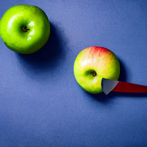 Prompt: an apple fruit with a knife in it on a plate against a blue background-n 4