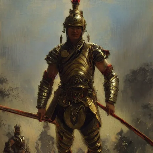 Image similar to a man wearing chinese armor, muscular, painting by Gaston Bussiere, Craig Mullins