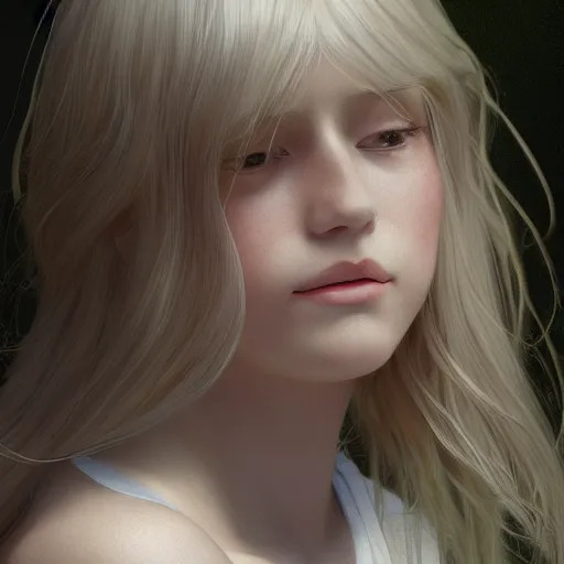 Prompt: A young woman with blonde long hair and bangs in shorts and white shirt drawn by Donato Giancola and Makoto Shinkai, frank frazetta, Alphonse Mucha, background by James Jean and Gustav Klimt, 4k, porcelain skin, volumetric lighting, french nouveau, trending on artstation, octane render, hyperrealistic