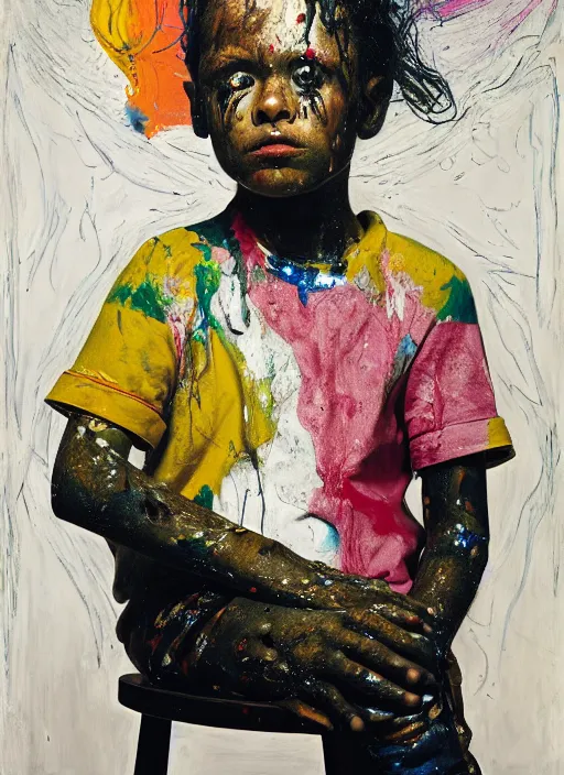 Image similar to portrait of a child harlequin sitting on a stool, by vincent lefevre and hernan bas and pat steir and hilma af klint, psychological, photorealistic, symmetrical face, dripping paint, washy brush, threads, rendered in octane, altermodern, masterpiece