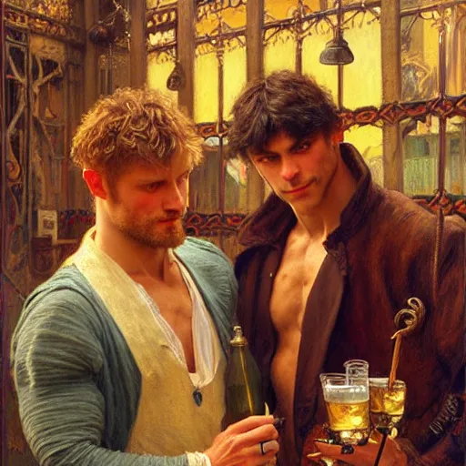 Image similar to attractive muscular arthur pendragon and muscular attractive merlin go to a pub together to have some drinks. highly detailed painting by gaston bussiere, craig mullins, j. c. leyendecker, alphonse mucha 8 k