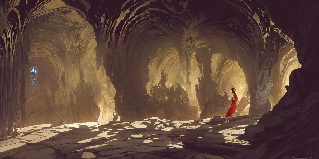 Image similar to dark sacred spaces, cave, intricate, highly detailed, digital painting, artstation, concept art, smooth, sharp focus, illustration, Unreal Engine 5, 8K, art by artgerm and greg rutkowski and alphonse mucha, by Jesper Ejsing, by RHADS, Makoto Shinkai and Lois van baarle, ilya kuvshinov, rossdraws