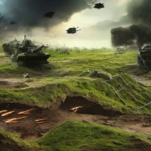 Image similar to natural looking fight landscape of ww 1 deep trenches with fortifications, crabs fighting with elephants, green gas spreading across land, futuristic tank is on fire, ground explosion in the background, alien mothership in the sky, hyper realistic, highly detailed, dramatic lighting, raytarced, god rays, 4 k, 8 k, matte painting