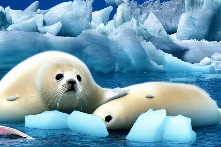 Prompt: a baby harp seal with multicolored feathers and wings, lying on a pile of fish, background of iceberg and glaciers CGsociety