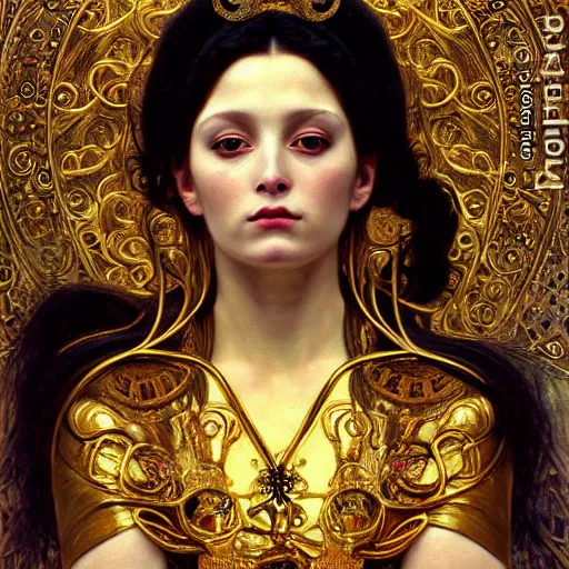 Prompt: painting portrait of hel goddess of the death, viking culture, intricate, elegant, digital painting, smooth, sharp focus, shiny gold, realistic gold, realistic metal, by william - adolphe bouguereau and gustav klimt,