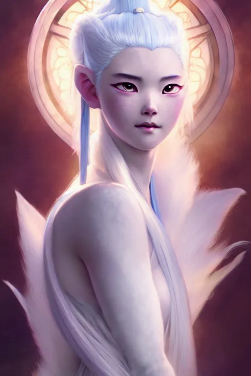 Prompt: Princess Yue with white hair from avatar the last airbender, fantasy, intricate, elegant, highly detailed, digital painting, artstation, concept art, matte, sharp focus, illustration, art by Artgerm and Greg Rutkowski and Alphonse Mucha
