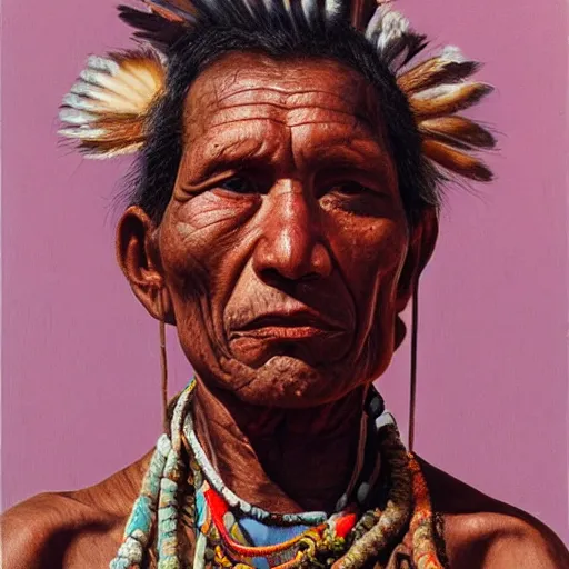 Image similar to high quality high detail painting by lucian freud, hd, full body of a indigenous tribe leader, muted pink color, photorealistic lighting