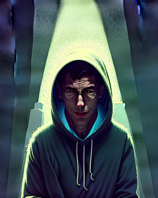 Image similar to tomorrowland, hyper - realistic portrait of a man in a hoodie, with detailed background, intricate, 4 k, by atey ghailan, by greg rutkowski, by greg tocchini, by james gilleard, by joe fenton, by kaethe butcher, dynamic lighting, lighting color scheme, sharp focus, grunge aesthetic