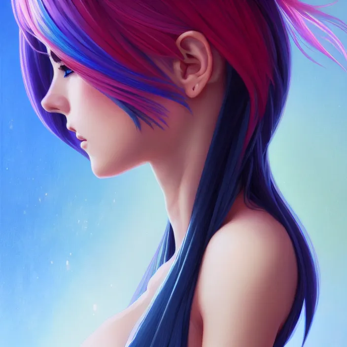 Image similar to full body portrait, a beautiful symmetrical gorgeous anime girl, rainbow hair, attractive, casual, modern, victoria's secret, highly detailed, digital painting, artstation, concept art, smooth, sharp focus, illustration, art by artgerm, greg rutkowski and alphonse mucha, 8 k,