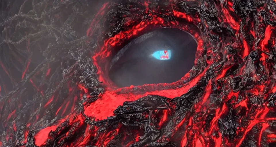 Image similar to a volcano made of ivory vines and crimson rocks enters in eruption, it spits a smoke in the shape of demonic eye, by Hideaki anno