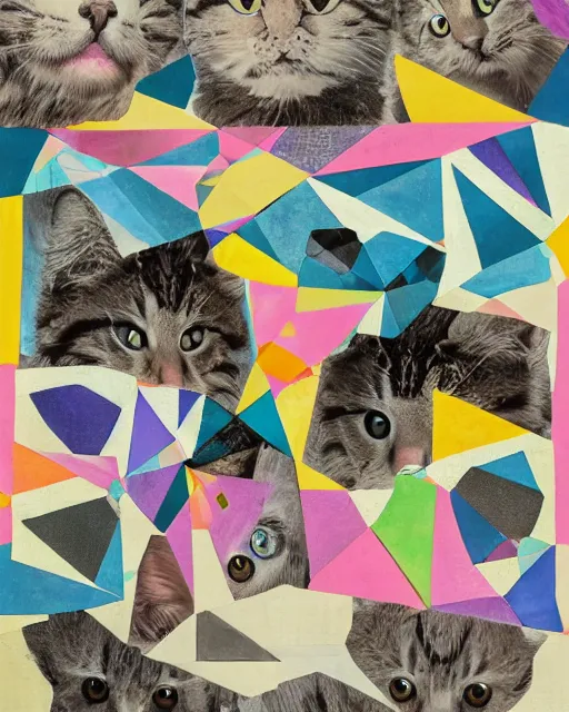 Image similar to a tribe of fluffy cats interweaved hide and seek within an geometric collage art, by Hannah af Klint, Henriëtte Ronner-Knip and Felipe Pantone, theosophy series 4K detailed kitsch and typographic annotation, rule of thirds