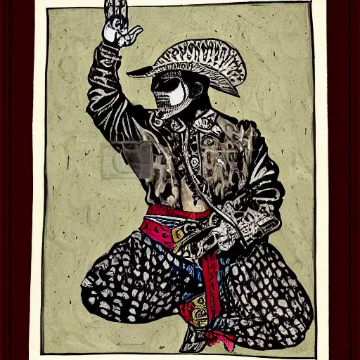 Image similar to skullfaced mexican vaquero kneeling for prayer, calligraphy, mosque dome shape, persian folklore illustration