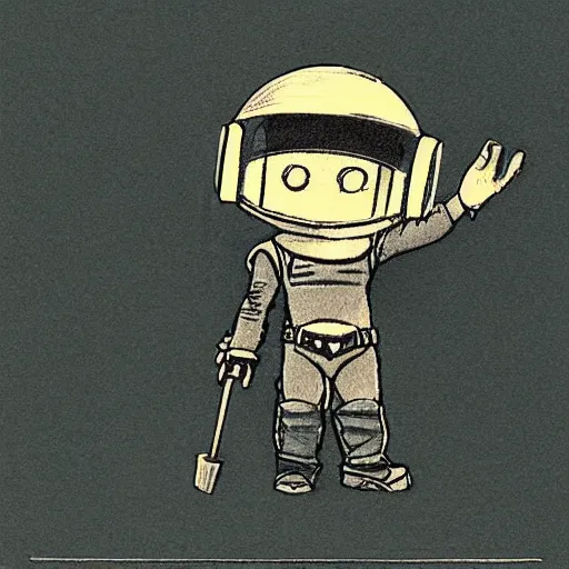 Image similar to sketch of a cute chibi dnd daft punk gnome inventor tinkerer wearing a helmet, walking cautiously, etching by louis le breton, moebius 1 8 6 9, 1 2 0 0 dpi scan