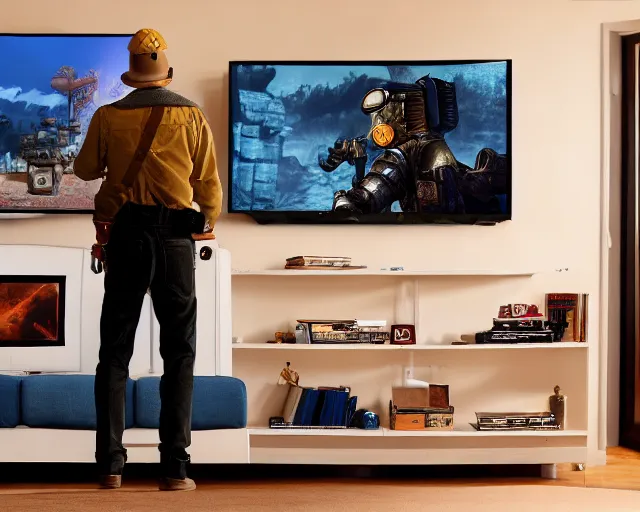 Image similar to a beautiful illustration of my friend mark kidd, playing fallout new vegas on the xbox 3 6 0 in his living room. the tv is the only light source, in the style of studio ghibli, artwork by studio ghibli, gamers bedroom, posters. cinematic composition, anime, 8 k resolution, black, yellow and red colour scheme,