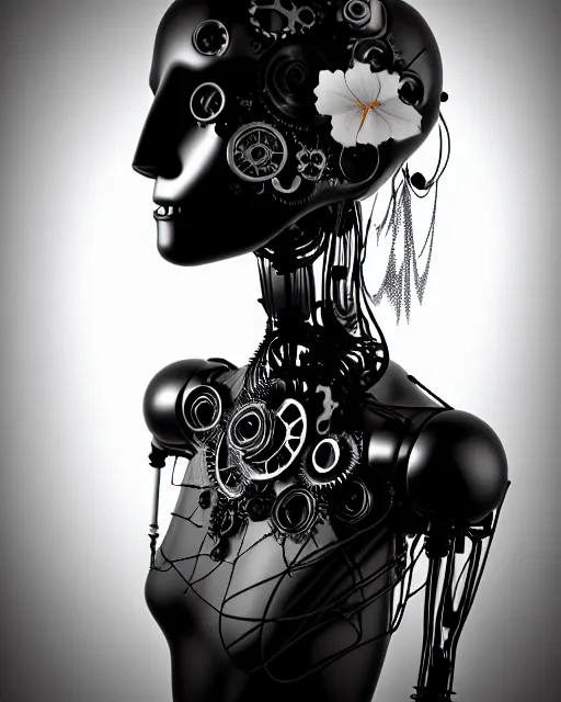 Image similar to black and white dreamy foggy poetic smoky profile face portrait, one silver steampunk realistic eye biomechanical beautiful angelic young female cyclope - cyborg - robot bust, body ribs meshes,, volumetric light, hibiscus flowers, by cecile beaton, rim light, big gothic fashion pearl embroidered collar, 8 k