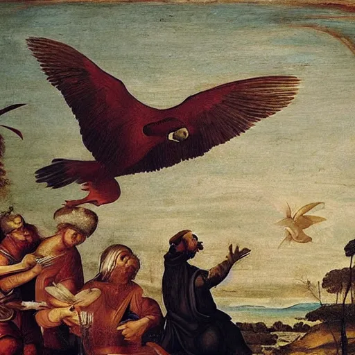 Prompt: large monster bird confronts a small innocent bird, renaissance painting