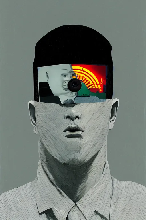 Prompt: North Korean hacker wearing Oculus and digital glitch head Edward Hopper and James Gilleard, Zdzislaw Beksisnski, higly detailed