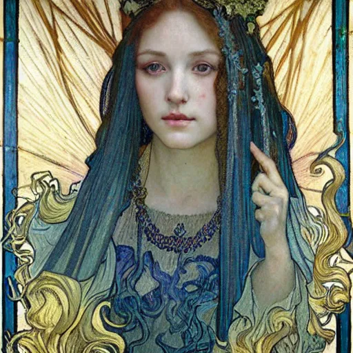 Image similar to detailed realistic beautiful young medieval queen face portrait by jean delville, alphonse mucha, vincent van gogh, and marco mazzoni, art nouveau, symbolist, visionary, gothic, pre - raphaelite