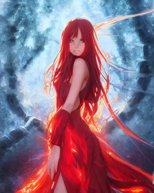 Image similar to red eyed beautiful long haired anime girl, red dress, full body photo, flames everywhere, highly detailed, digital painting, artstation, concept art, smooth, sharp focus, illustration, art by artgerm and greg rutkowski and alphonse mucha