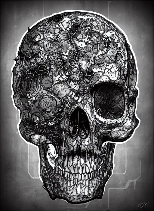 Image similar to intricate detailed biopunk cyberpunk skull, ivy, death,