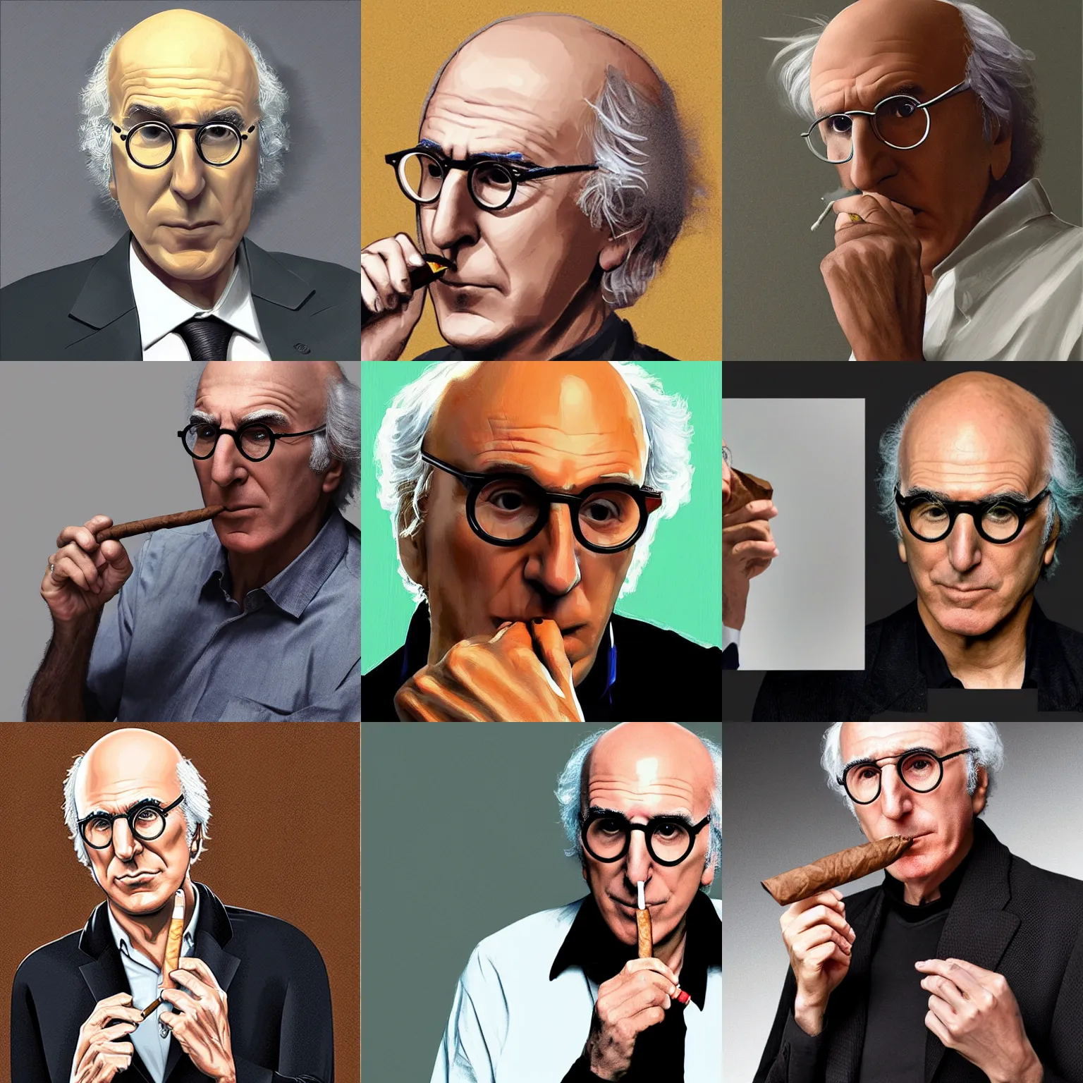 Prompt: larry david, unimpressed and smoking a cigar, by benedick bana