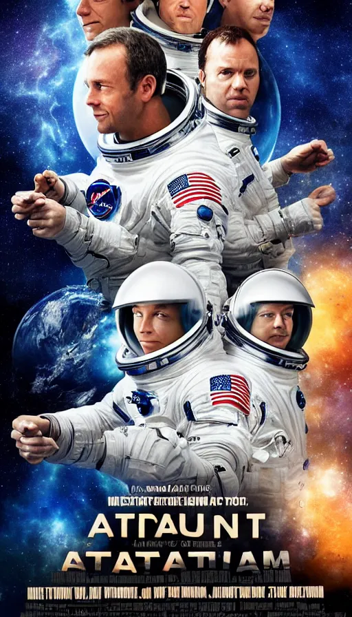 Image similar to movie poster of astronauts, saturn, highly detailed, hyper realistic, large text, fifth element style