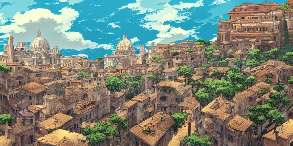 Image similar to studio Ghibli style background animatuon manga matte painting of Rome. Roads. Monuments. 4k quality. Sunny day. Bloom