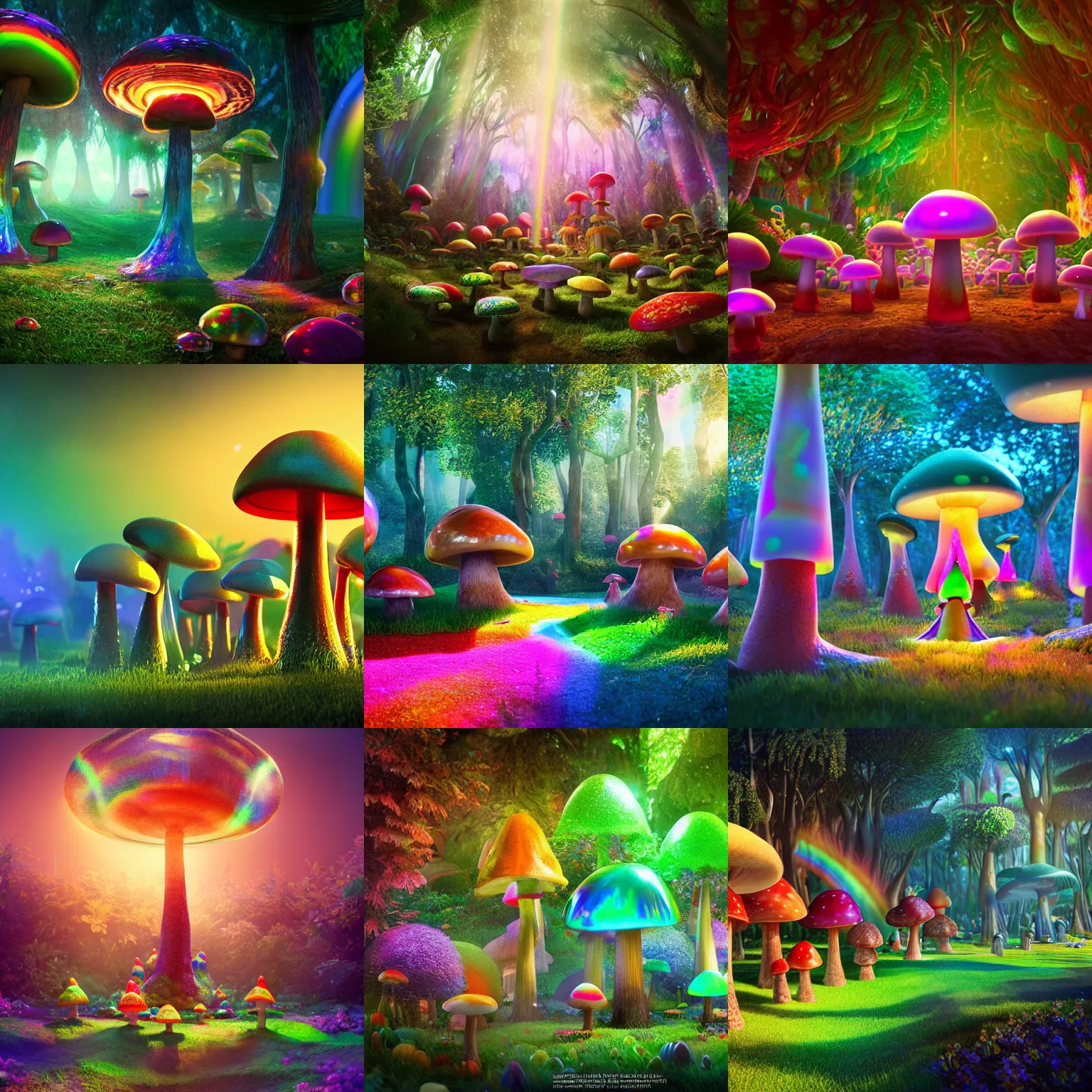 Prompt: i prefer a tall glass of this googoolopo googsoss, the wizardly gnome smiled among iridescent glowing rainbows. the magical ethereal mushroom grove village. sacred cinematic 8 k octane render bloom lighting