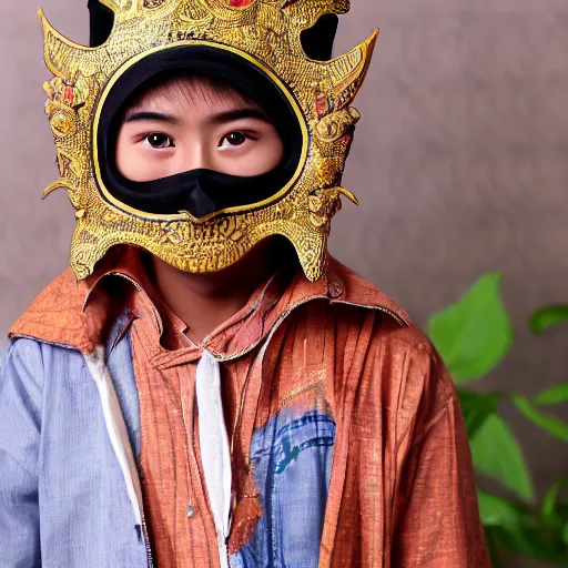 Image similar to 8 k, uhd, 1 9 4 7 asian boy use wear topeng sunda mask, with casual clothes, highly details form