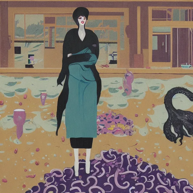 Image similar to tall female emo artist holding an octopus in a flooded cafe, bagels, pigs, water gushing from ceiling, painting of flood waters inside a cafe, a river flooding indoors, pomegranates, pigs, ikebana, water, octopus, river, rapids, waterfall, black swans, zen, canoe, berries, acrylic on canvas, surrealist, by magritte and monet